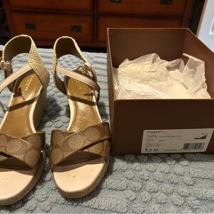 Coach Tan Signature Canvas Wedge Sandals with Beige Ankle Strap